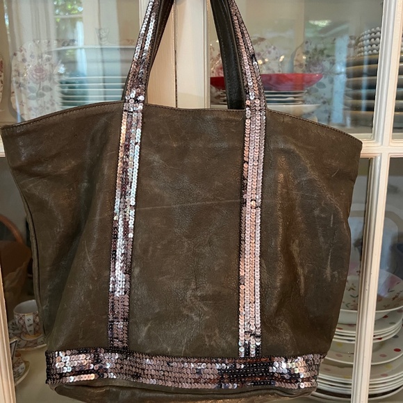 Vanessa Bruno Green Leather Sequin Tote, Le Cabas, Vintage, Broken-In - Picture 1 of 14